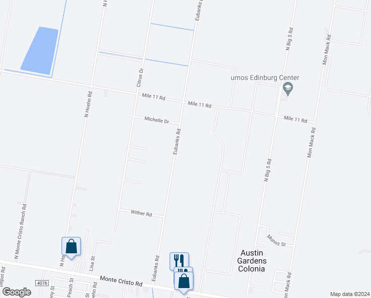 map of restaurants, bars, coffee shops, grocery stores, and more near Eubanks Road in Edinburg