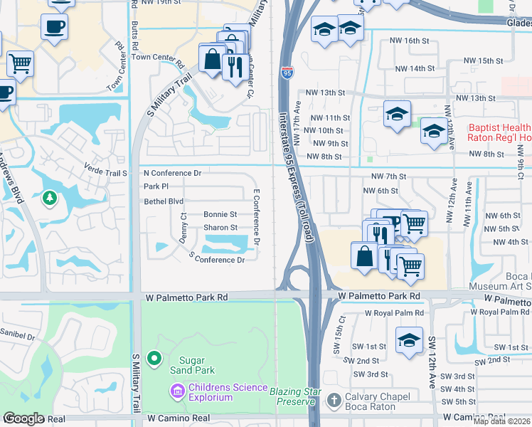 map of restaurants, bars, coffee shops, grocery stores, and more near 500 East Conference Drive in Boca Raton