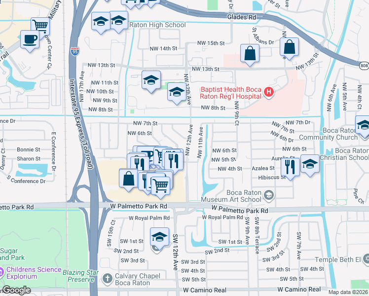 map of restaurants, bars, coffee shops, grocery stores, and more near 516 Northwest 12th Terrace in Boca Raton