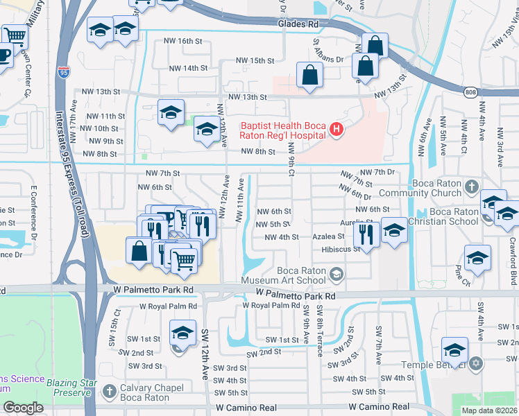 map of restaurants, bars, coffee shops, grocery stores, and more near 1061 Northwest 6th Street in Boca Raton
