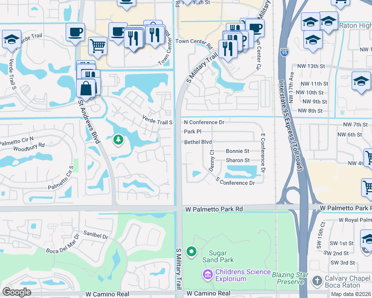 map of restaurants, bars, coffee shops, grocery stores, and more near 499 Northwest 22nd Avenue in Boca Raton