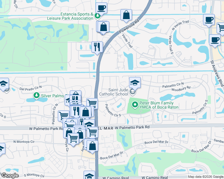 map of restaurants, bars, coffee shops, grocery stores, and more near 21648 Guadalajara Avenue in Boca Raton