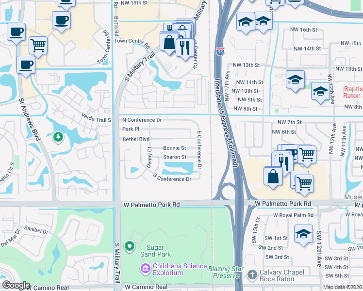 map of restaurants, bars, coffee shops, grocery stores, and more near 1938 Bonnie Street in Boca Raton