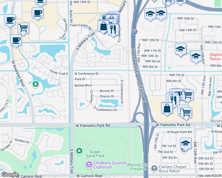 map of restaurants, bars, coffee shops, grocery stores, and more near 1938 Bonnie Street in Boca Raton
