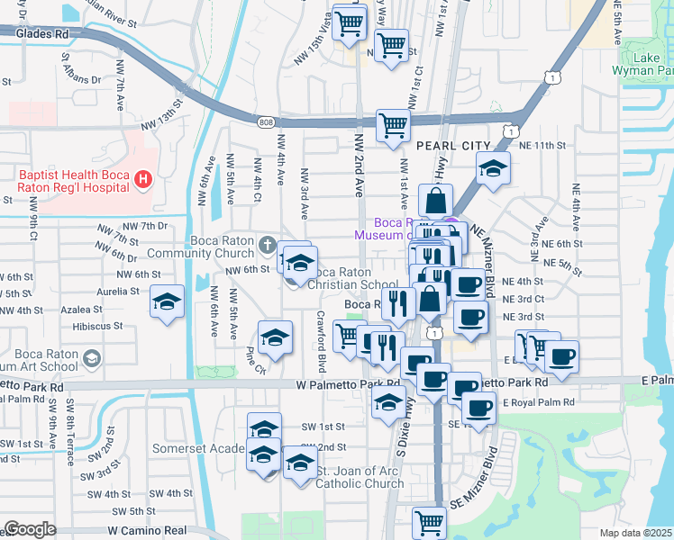 map of restaurants, bars, coffee shops, grocery stores, and more near 235 Northwest 4th Diagonal in Boca Raton