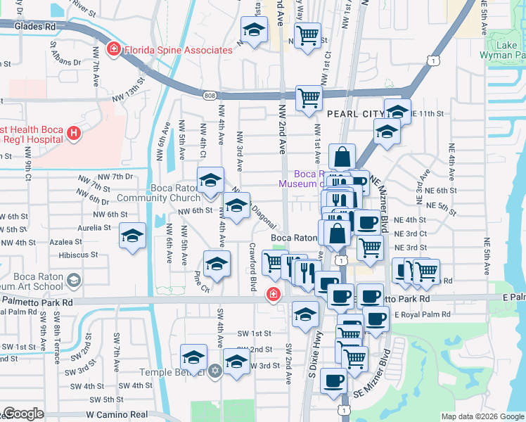 map of restaurants, bars, coffee shops, grocery stores, and more near 235 Northwest 4th Diagonal in Boca Raton