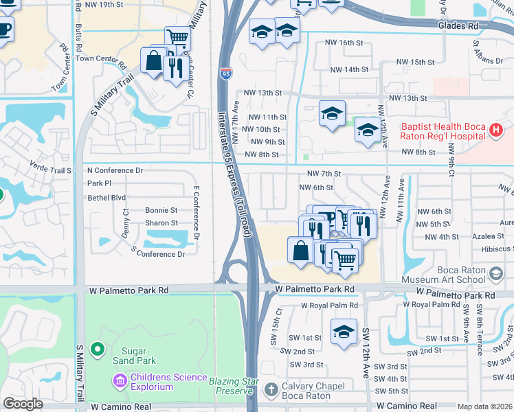 map of restaurants, bars, coffee shops, grocery stores, and more near 1632 Northwest 5th Street in Boca Raton