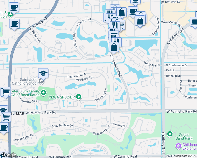map of restaurants, bars, coffee shops, grocery stores, and more near 6114 Woodbury Road in Boca Raton