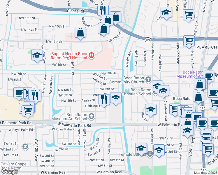 map of restaurants, bars, coffee shops, grocery stores, and more near 732 Northwest 6th Street in Boca Raton