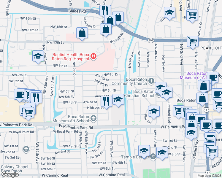 map of restaurants, bars, coffee shops, grocery stores, and more near 739 Northwest 6th Street in Boca Raton
