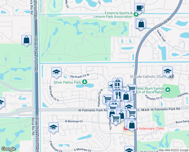 map of restaurants, bars, coffee shops, grocery stores, and more near 7425 Silver Woods Court in Boca Raton
