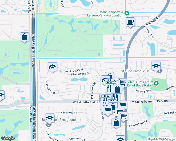 map of restaurants, bars, coffee shops, grocery stores, and more near 7425 Silver Woods Court in Boca Raton