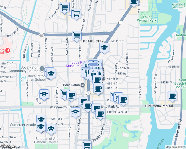 map of restaurants, bars, coffee shops, grocery stores, and more near 410 Plaza Real in Boca Raton