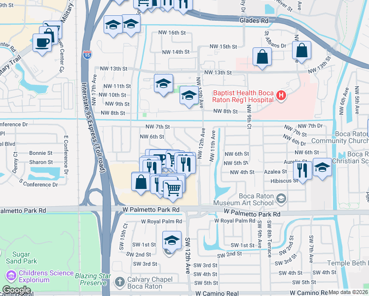map of restaurants, bars, coffee shops, grocery stores, and more near 583 Northwest 12th Terrace in Boca Raton