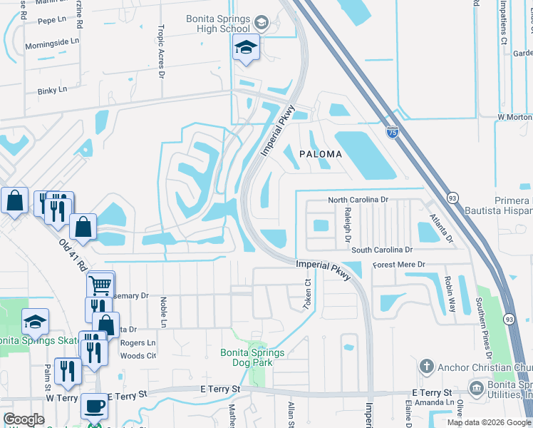 map of restaurants, bars, coffee shops, grocery stores, and more near 11129 Monte Carlo Boulevard in Bonita Springs