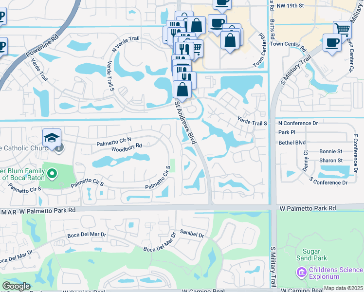 map of restaurants, bars, coffee shops, grocery stores, and more near 21625 Town Place Drive in Boca Raton