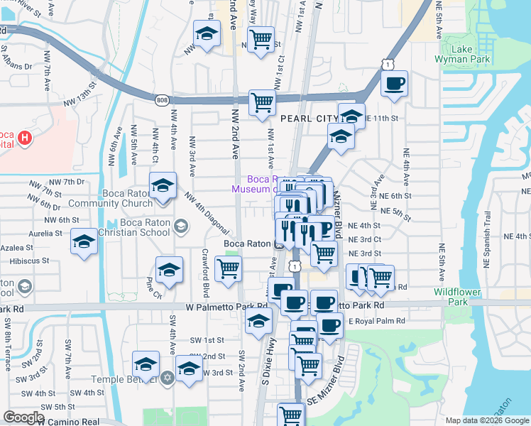 map of restaurants, bars, coffee shops, grocery stores, and more near 563 Northwest Library Commons Way in Boca Raton