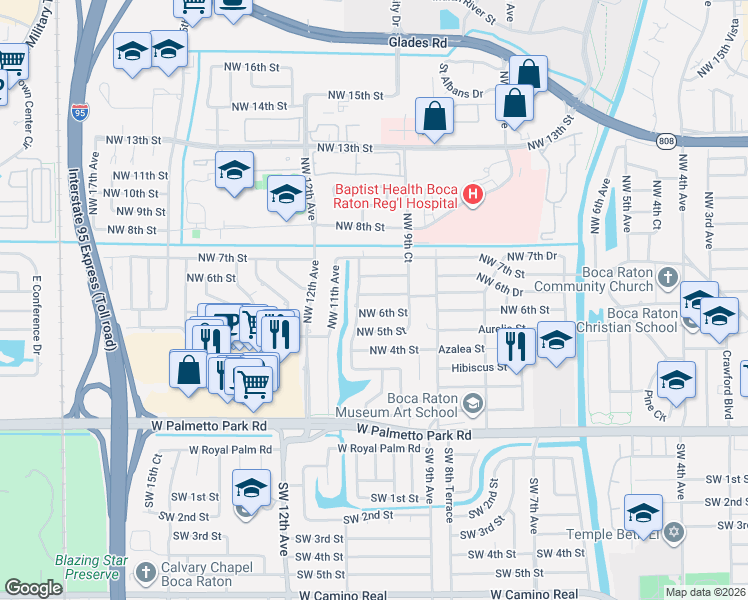 map of restaurants, bars, coffee shops, grocery stores, and more near 1061 Northwest 6th Street in Boca Raton