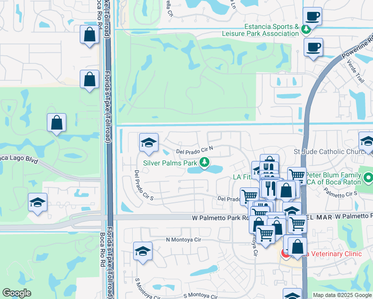 map of restaurants, bars, coffee shops, grocery stores, and more near 7631 Silver Woods Court in Boca Raton