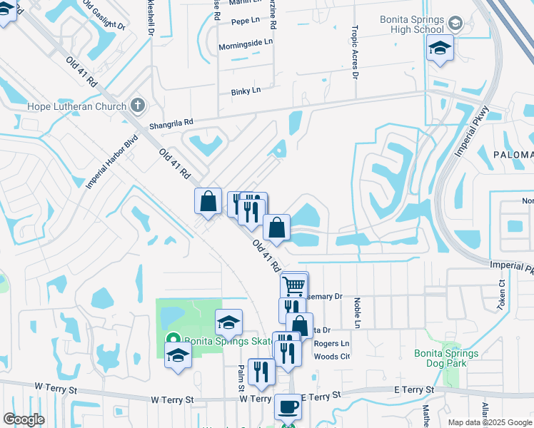 map of restaurants, bars, coffee shops, grocery stores, and more near 26420 Lucky Stone Road in Bonita Springs