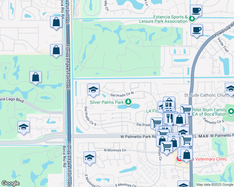 map of restaurants, bars, coffee shops, grocery stores, and more near 7631 Silver Woods Court in Boca Raton