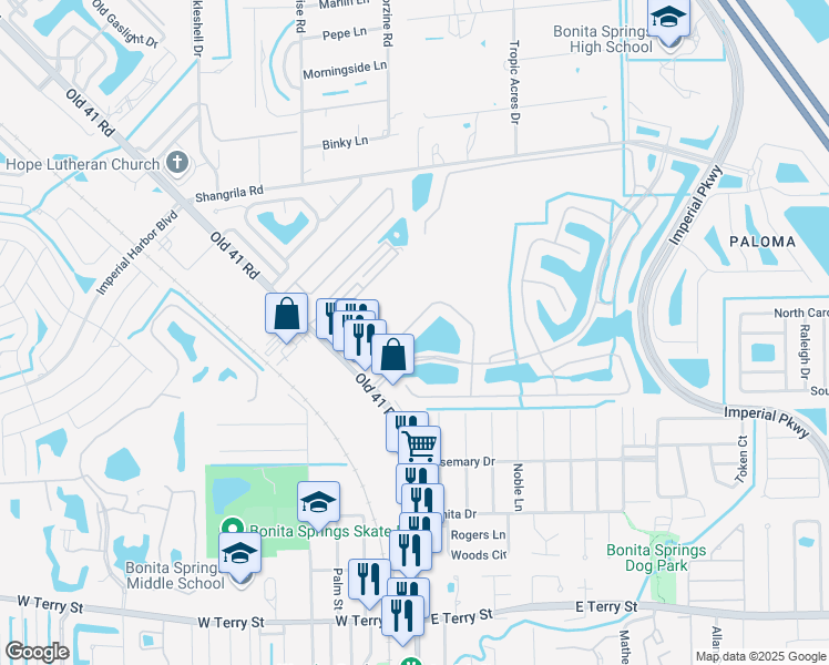 map of restaurants, bars, coffee shops, grocery stores, and more near 26436 Lucky Stone Road in Bonita Springs