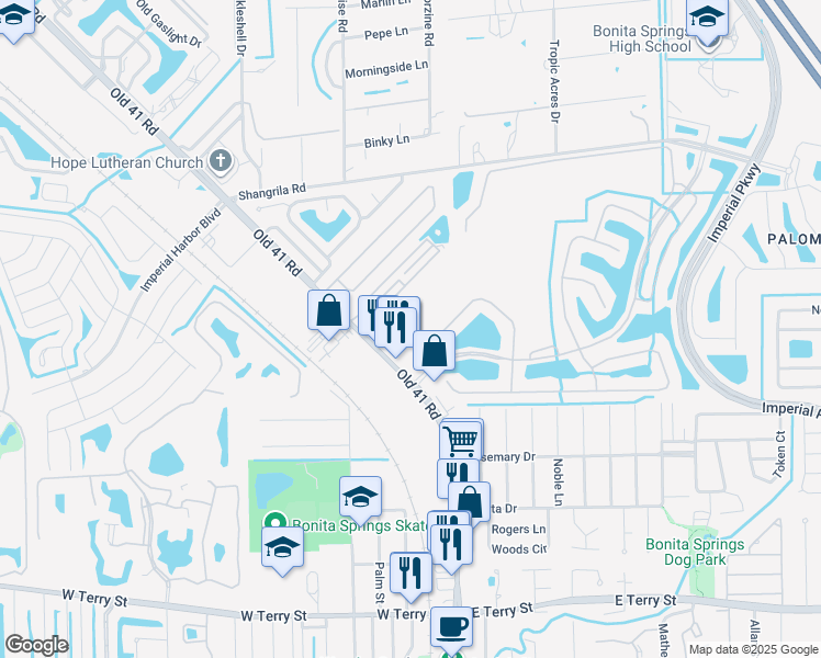 map of restaurants, bars, coffee shops, grocery stores, and more near 26455 Old 41 Road in Bonita Springs