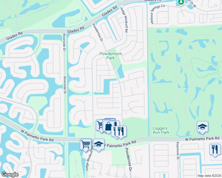map of restaurants, bars, coffee shops, grocery stores, and more near 21577 Woodstream Terrace in Boca Raton