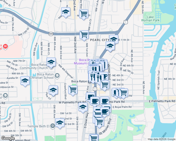 map of restaurants, bars, coffee shops, grocery stores, and more near 563 Northwest Library Commons Way in Boca Raton