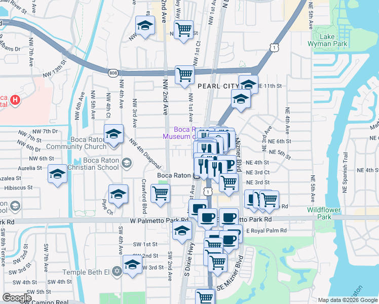map of restaurants, bars, coffee shops, grocery stores, and more near 563 Northwest Library Commons Way in Boca Raton