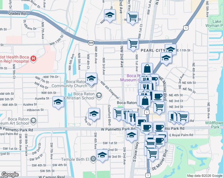 map of restaurants, bars, coffee shops, grocery stores, and more near 235 Northwest 4th Diagonal in Boca Raton