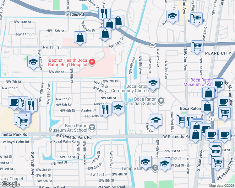 map of restaurants, bars, coffee shops, grocery stores, and more near 732 Northwest 6th Street in Boca Raton