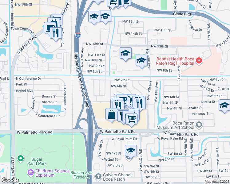 map of restaurants, bars, coffee shops, grocery stores, and more near 1398 Northwest 14th Court in Boca Raton