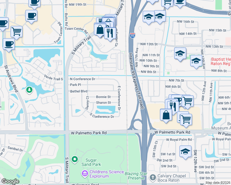 map of restaurants, bars, coffee shops, grocery stores, and more near 1938 Bonnie Street in Boca Raton