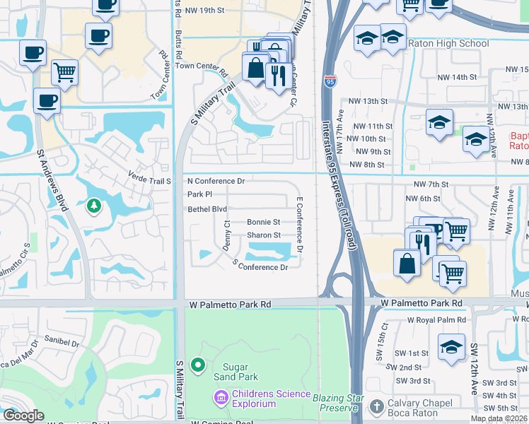 map of restaurants, bars, coffee shops, grocery stores, and more near 2002 Bonnie Street in Boca Raton
