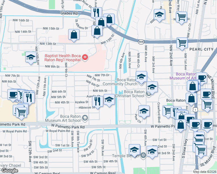 map of restaurants, bars, coffee shops, grocery stores, and more near 732 Northwest 6th Street in Boca Raton