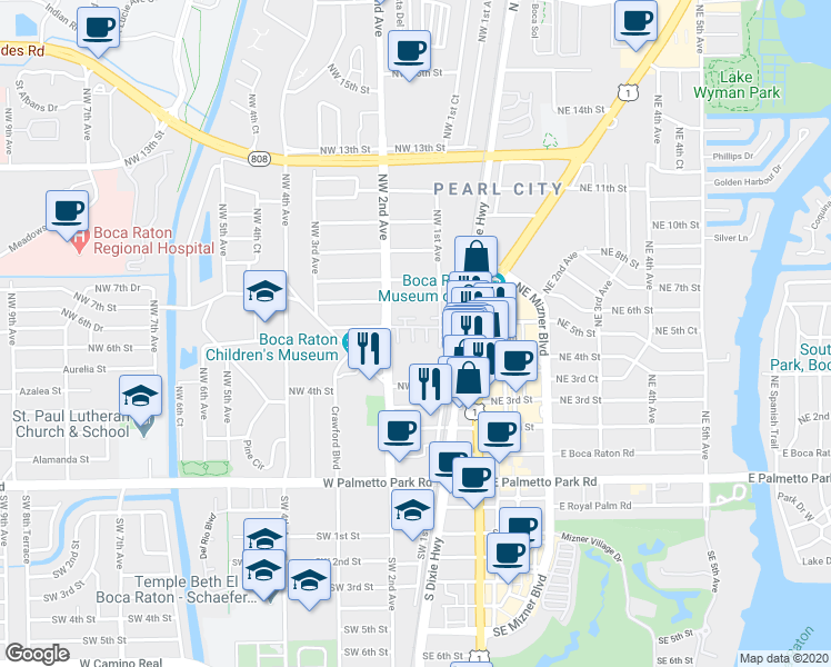 map of restaurants, bars, coffee shops, grocery stores, and more near 590 Northwest Crane Terrace in Boca Raton
