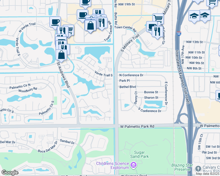 map of restaurants, bars, coffee shops, grocery stores, and more near 5529 Ilford Court in Boca Raton