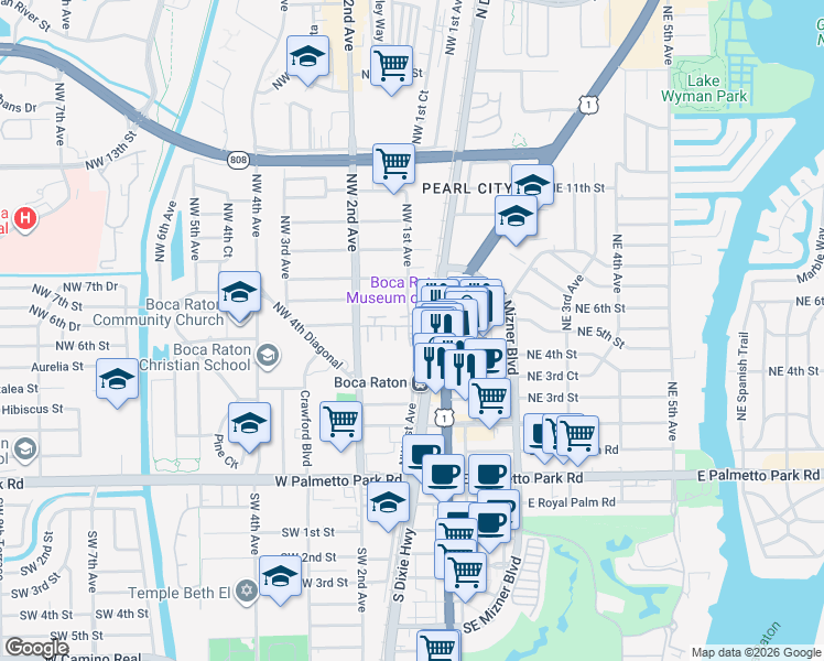 map of restaurants, bars, coffee shops, grocery stores, and more near 563 Northwest Library Commons Way in Boca Raton