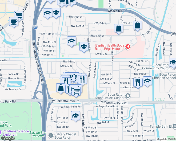 map of restaurants, bars, coffee shops, grocery stores, and more near 599 Northwest 12th Avenue in Boca Raton