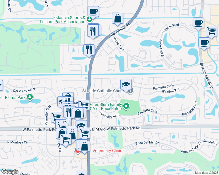map of restaurants, bars, coffee shops, grocery stores, and more near 21560 Coronado Avenue in Boca Raton