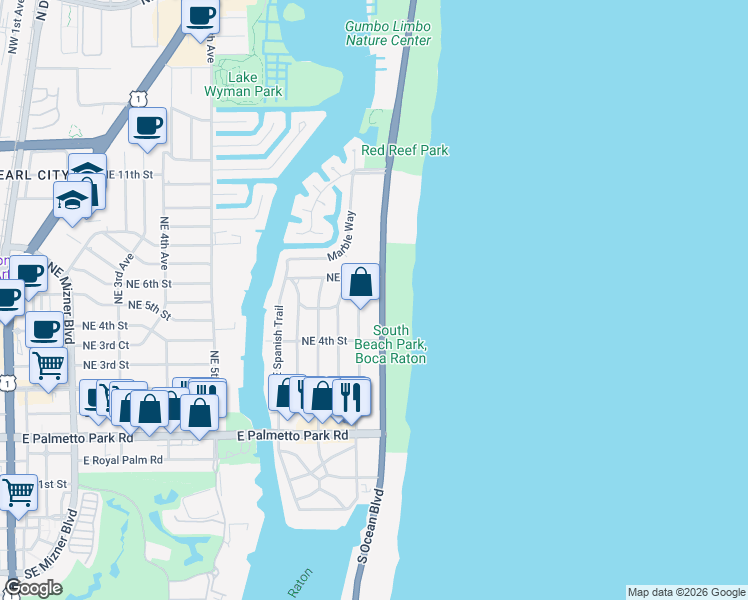 map of restaurants, bars, coffee shops, grocery stores, and more near 595 Northeast Wavecrest Way in Boca Raton