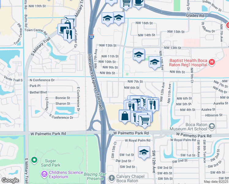 map of restaurants, bars, coffee shops, grocery stores, and more near 640 Northwest 15th Court in Boca Raton