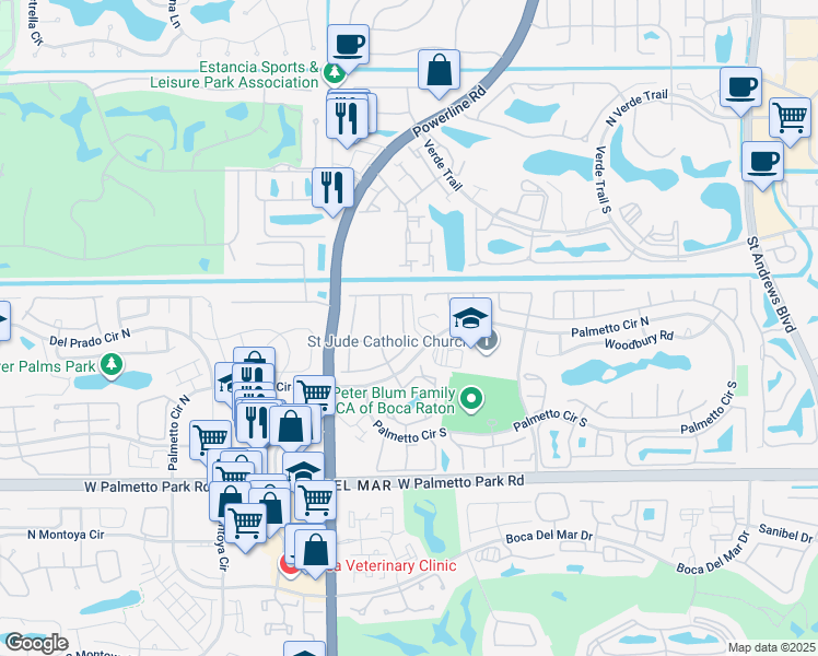 map of restaurants, bars, coffee shops, grocery stores, and more near 21560 Coronado Avenue in Boca Raton