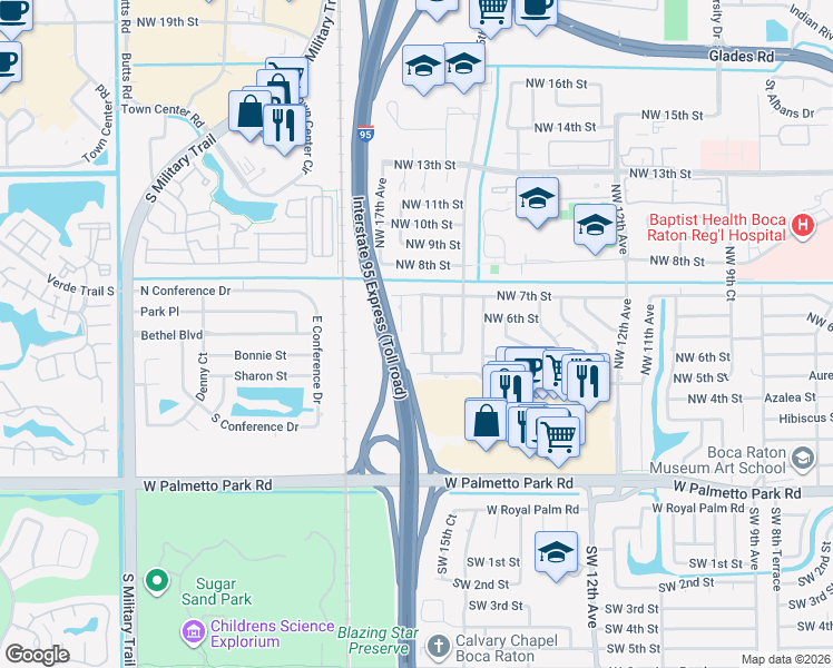 map of restaurants, bars, coffee shops, grocery stores, and more near 555 Northwest 16th Avenue in Boca Raton