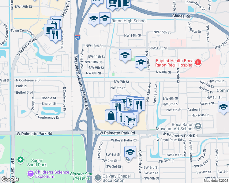 map of restaurants, bars, coffee shops, grocery stores, and more near 1399 Northwest 6th Street in Boca Raton