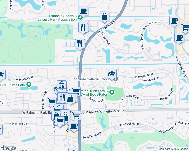 map of restaurants, bars, coffee shops, grocery stores, and more near 21560 Coronado Avenue in Boca Raton