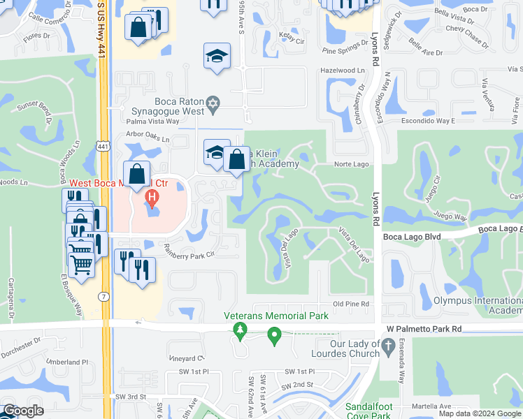 map of restaurants, bars, coffee shops, grocery stores, and more near 9290 Vista Del Lago in Boca Raton