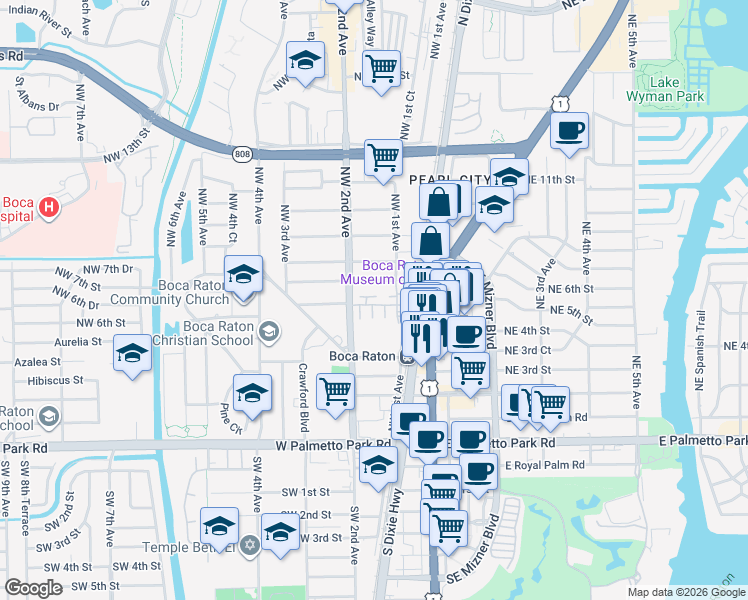 map of restaurants, bars, coffee shops, grocery stores, and more near 170 Northwest 7th Street in Boca Raton