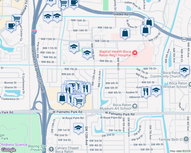 map of restaurants, bars, coffee shops, grocery stores, and more near 600 Northwest 12th Avenue in Boca Raton